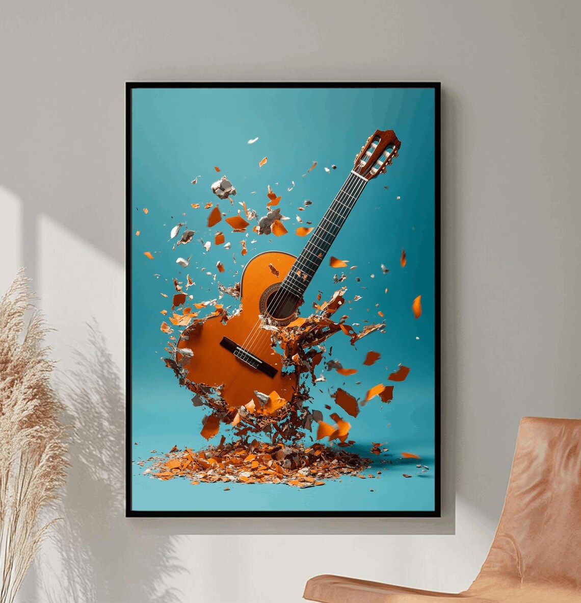 Acoustic Guitar Shattering Into Pieces Teal Explosion Music Poster - Image 3