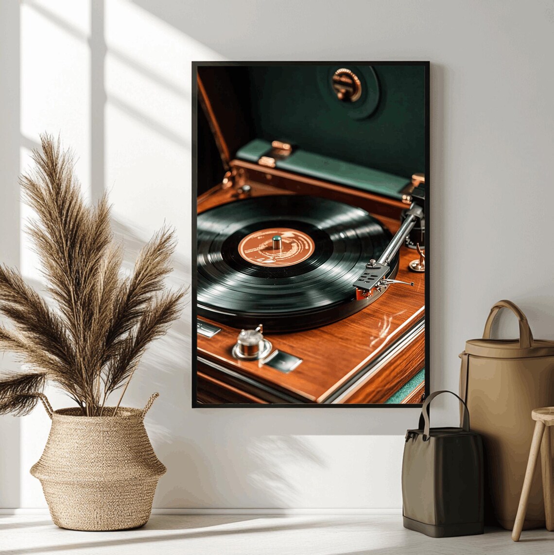 Vintage Suitcase Record Player with Green Velvet Interior Poster - Image 2