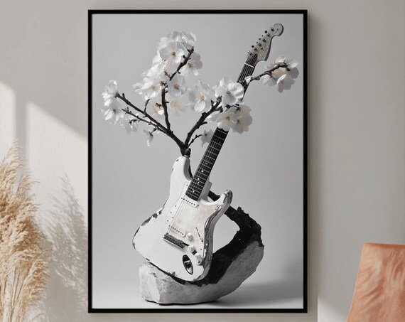 White Electric Guitar Cherry Blossom Sculpture Style Music Poster