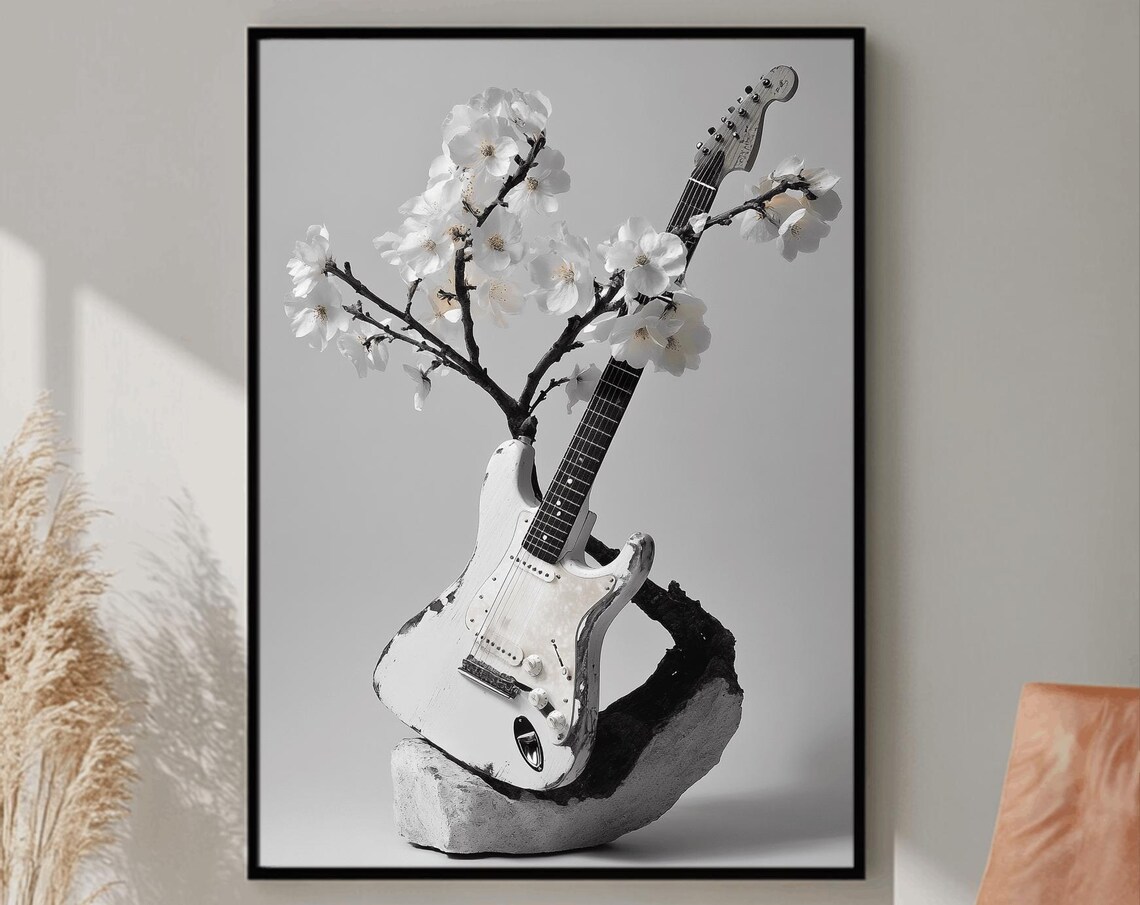 White Electric Guitar Cherry Blossom Sculpture Style Music Poster