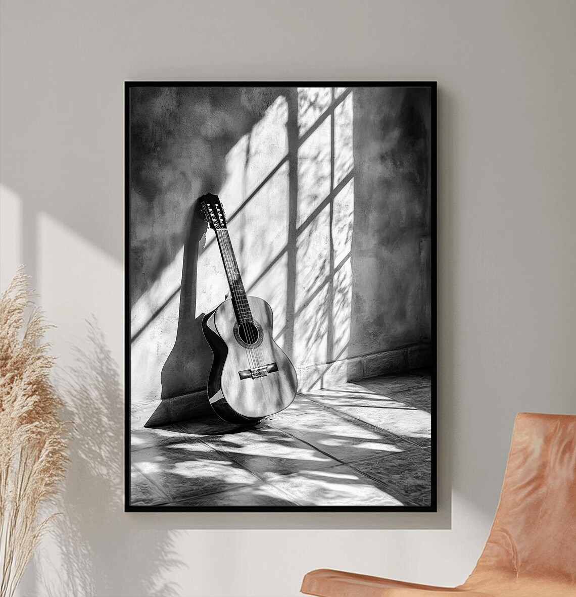 Acoustic Guitar Sunlit Window Shadow Black White Music Poster - Image 3