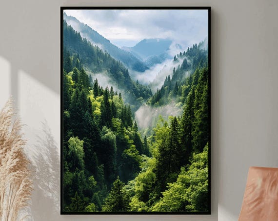 Forest Mountains Print Foggy Mountain Landscape Large Wall Art Green Forest Landscape Print Nature Picture