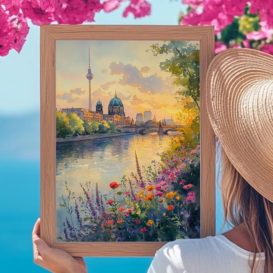 Berlin Skyline Watercolor Print German Wall Art Sunset Over Spree River