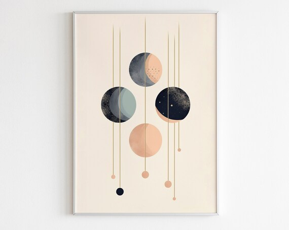 Beige Minimalist Moon Phase Circles Gold Line Abstract Poster