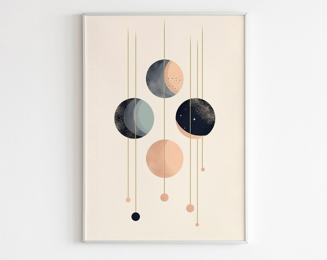 Beige Minimalist Moon Phase Circles Gold Line Abstract Poster