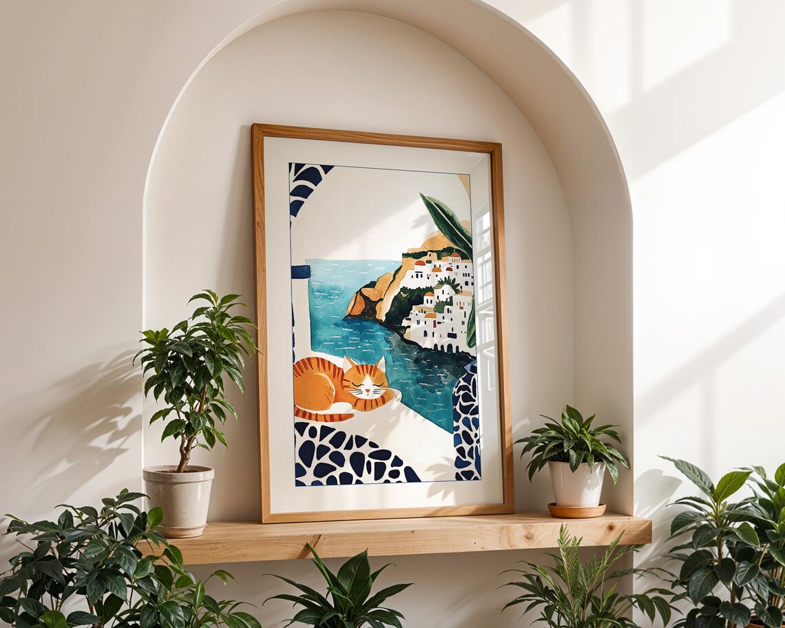 Santorini Cat, Boho Mediterranean Travel Poster - Image 3