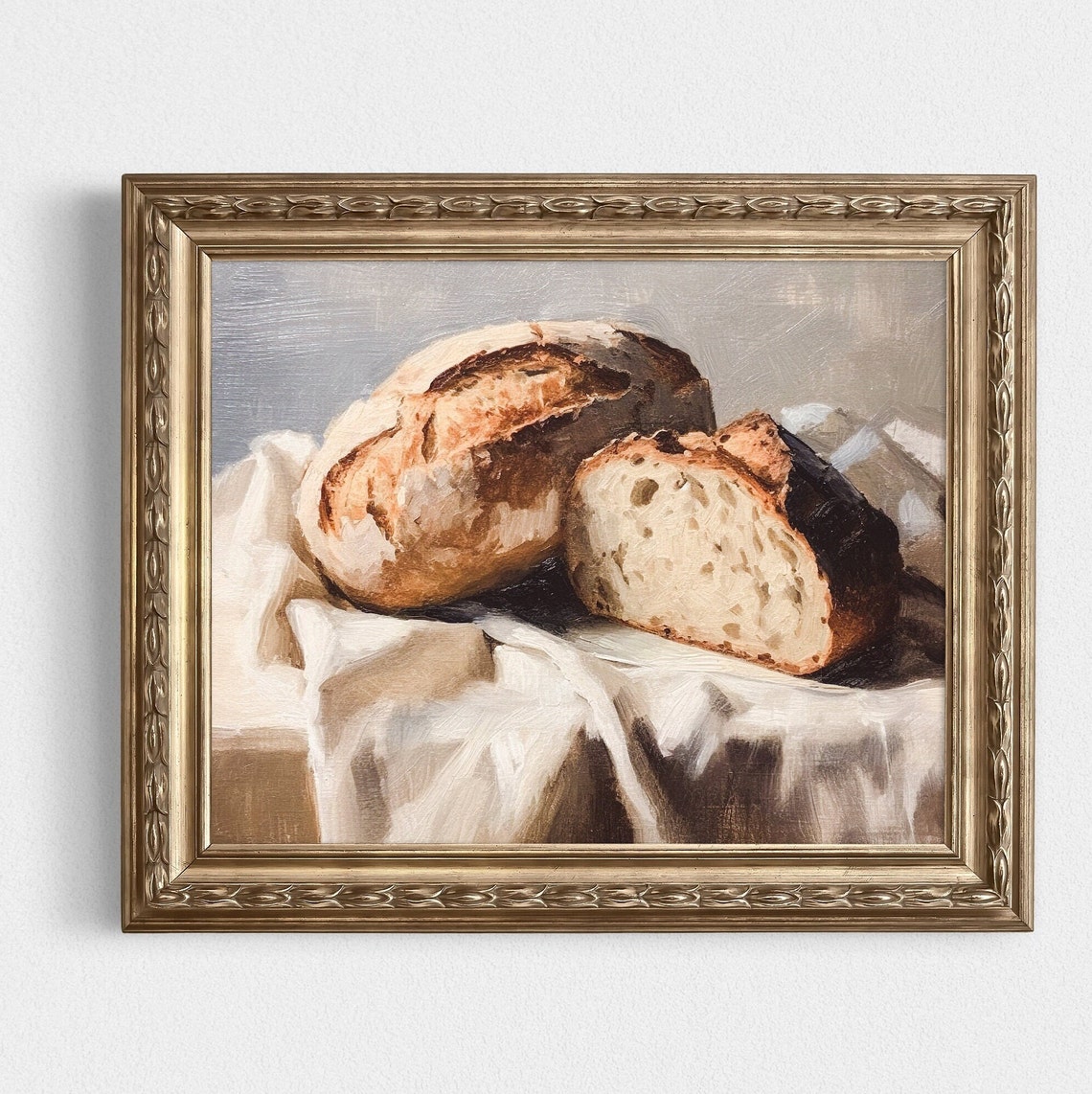 Rustic Sourdough Bread Still Life Kitchen Vintage Oil Painting Poster