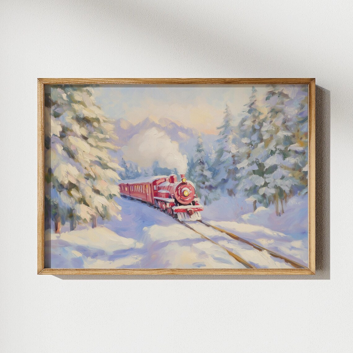 Christmas Train Red Steam Engine Snowy Pine Forest Holiday Art Poster