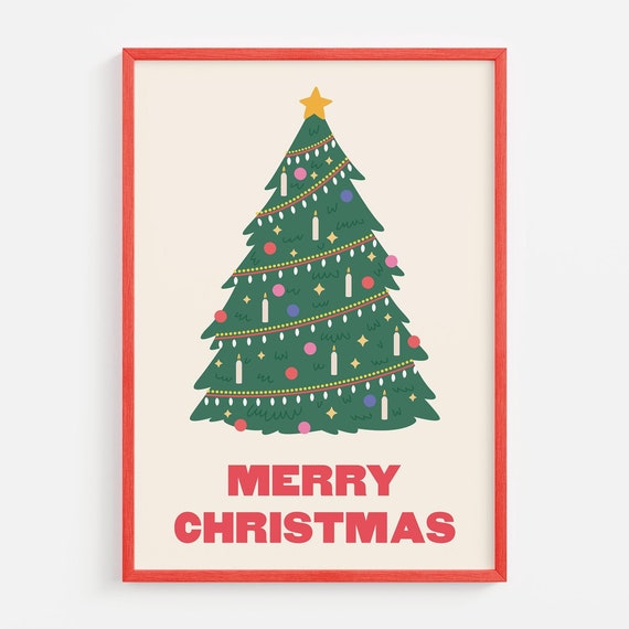 Christmas Tree Print Art Merry Christmas Decor Cute Holiday Wall Art Trendy Christmas Print