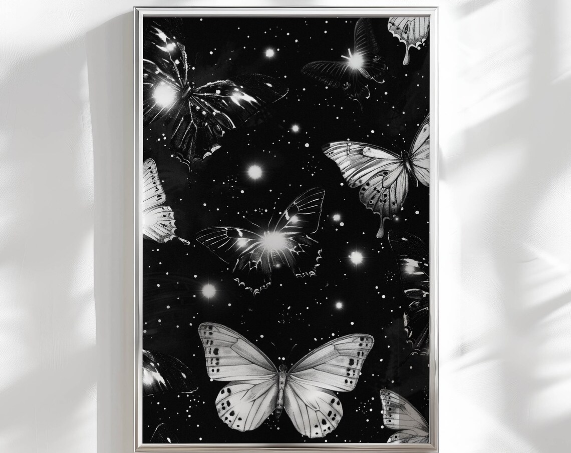Black and White Night Butterflies on a Starry Sky Dark Moody Poster