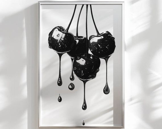 Cherry Poster Funky Wall Art Retro Kitchen Decor Black And White Art Retro Poster Funky Home Decor Trendy Wall Art Print Retro Home Decor
