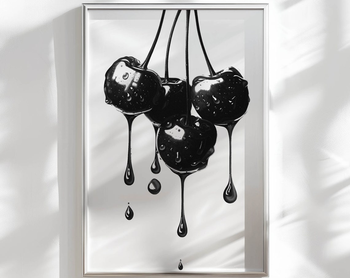 Black Dripping Cherries Monochrome Juicy Fruit Pop Art Poster