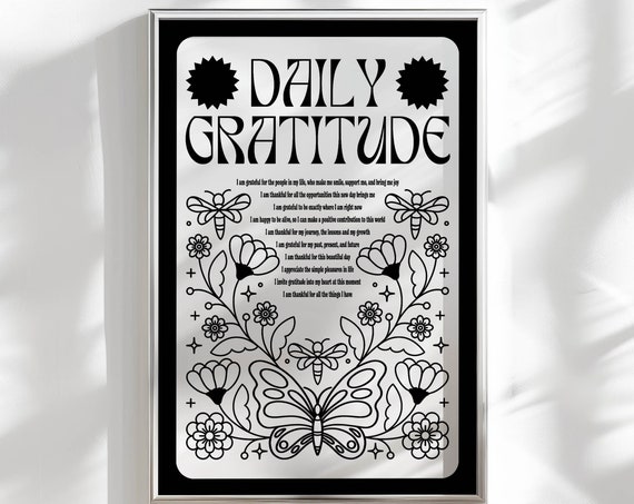 Daily Gratitude Motivational Wall Art Black And White Art Therapy Office Decor Black Wall Art Print Therapy Office Art Bedroom Wall Decor