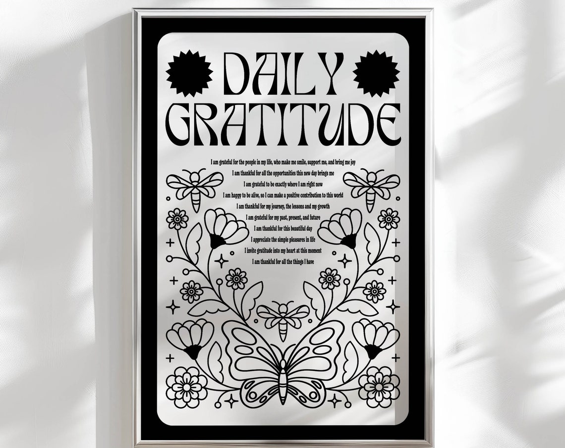 Daily Gratitude Affirmations Butterfly Botanical Black White Poster