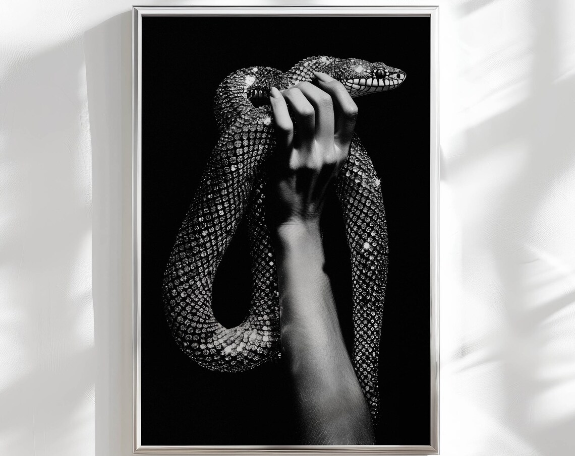 Sparkling Jeweled Snake in Hand Moody Black and White Fashion Poster