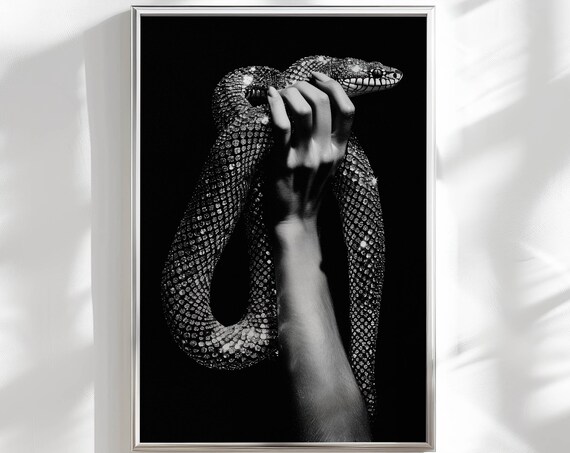 Sparkling Jeweled Snake in Hand Moody Black and White Fashion Poster