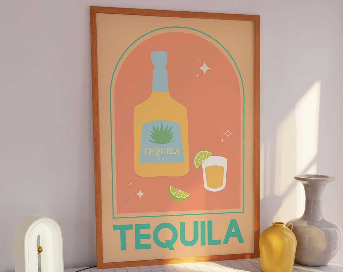 Tequila Cocktail Print Art Cute Orange Cocktail Bar Art Kitchen Wall Art