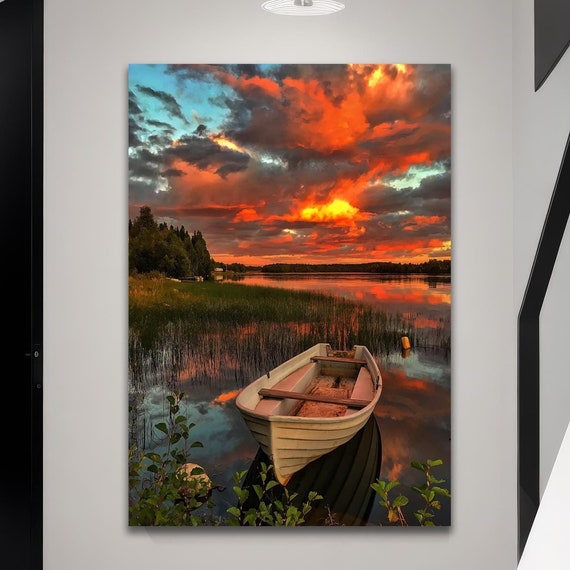 Sunset On The Lake And A Lonely Boat Wall Art A Stunning View Red Sky Living Room Painting Wonderful Scenery Print On