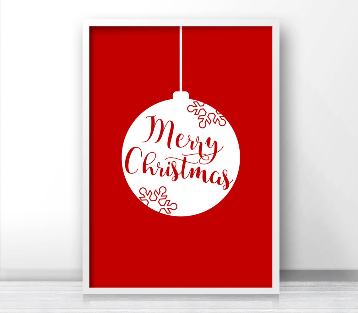 Merry Christmas Red Bauble Ornament White Script Holiday Wall Print - Image 3