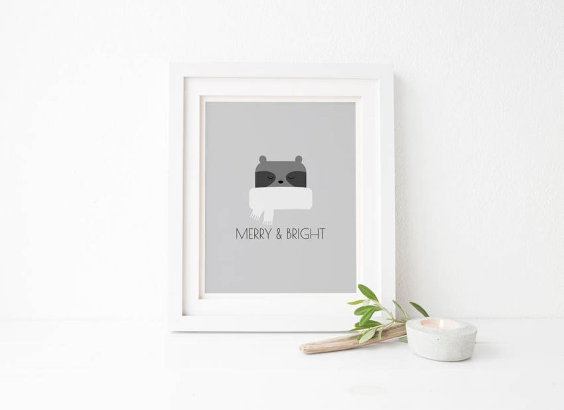 Cute Raccoon In White Scarf Merry And Bright Gray Nursery Wall Print - Image 3