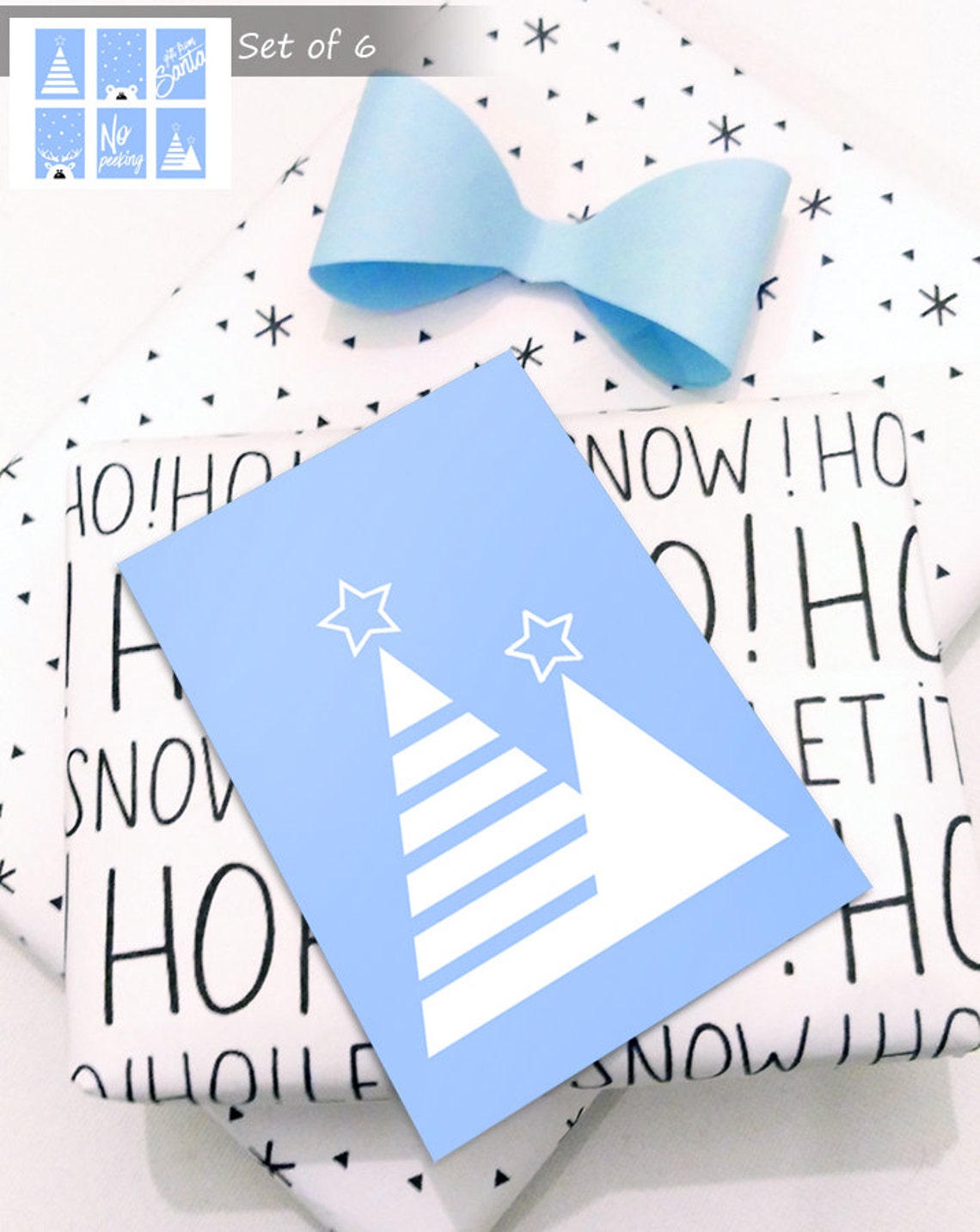 Set Of 6 Blue Christmas Gift Tags Polar Bear Trees No Peeking Tags