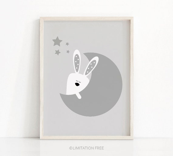 Moon And Stars Bunny Nursery Animal Art Print
