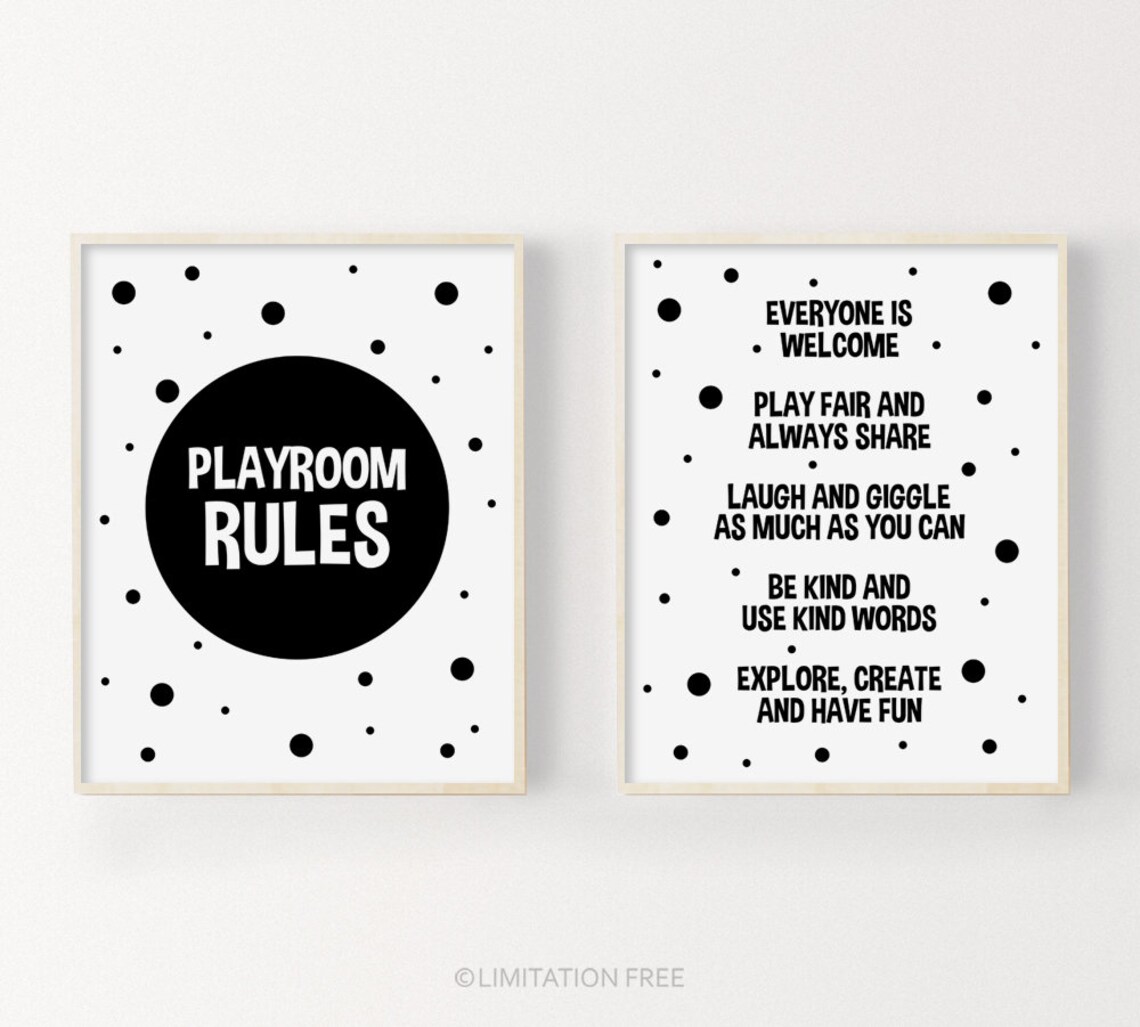 Playroom Rules Monochrome Art Print, Nursery Decor