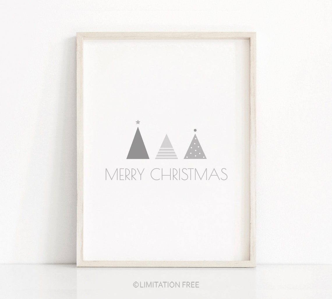 Merry Christmas Minimalist Gray Triangle Trees Holiday Wall Print