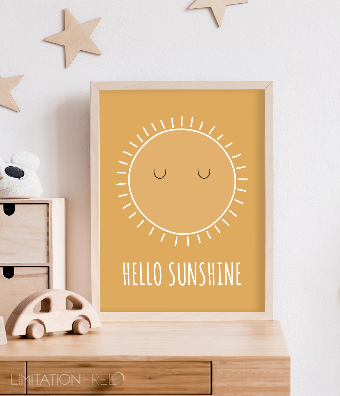 Cute Hello Sunshine Mustard Sun Nursery Print Kids Room Wall Art - Image 2