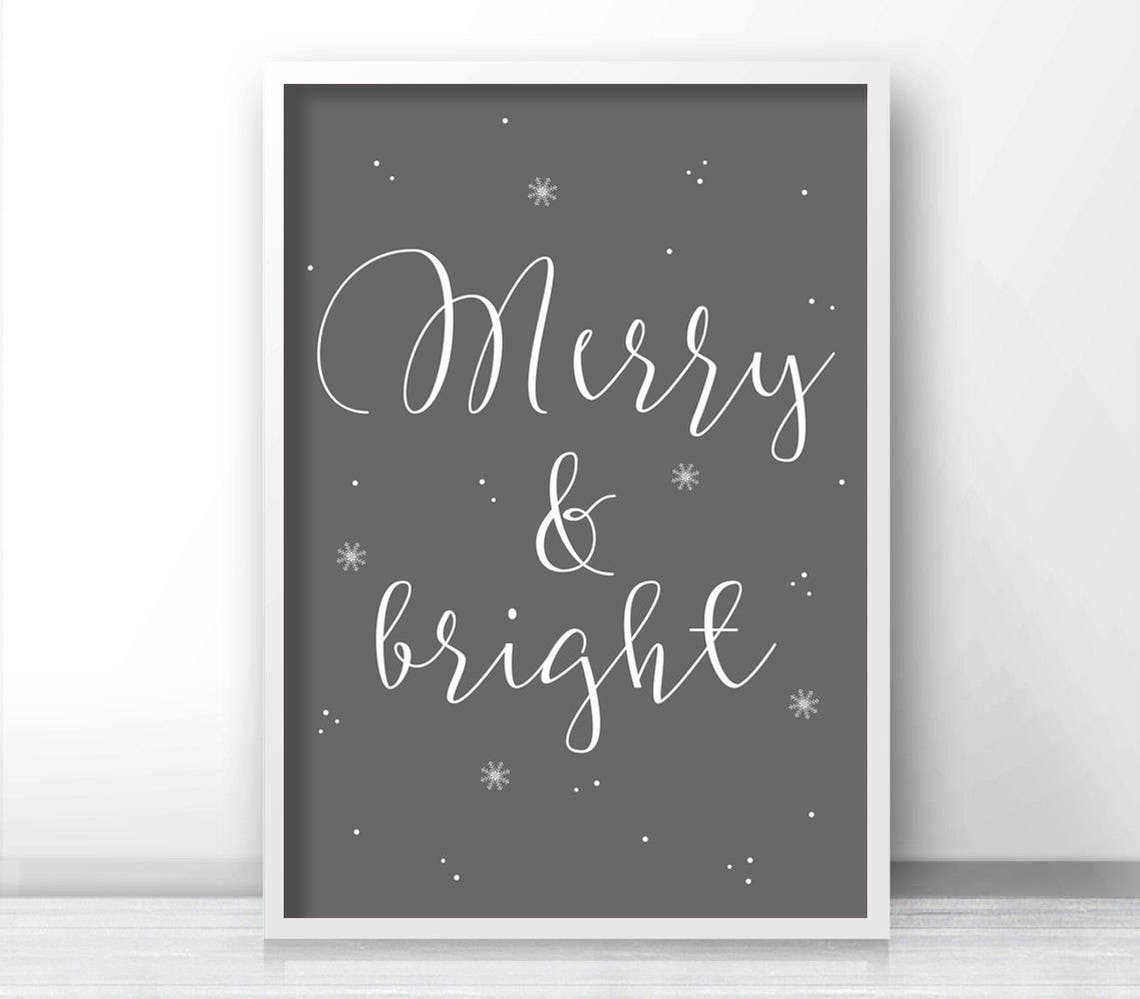 Merry And Bright White Script On Charcoal Gray Snowflake Wall Print - Image 2