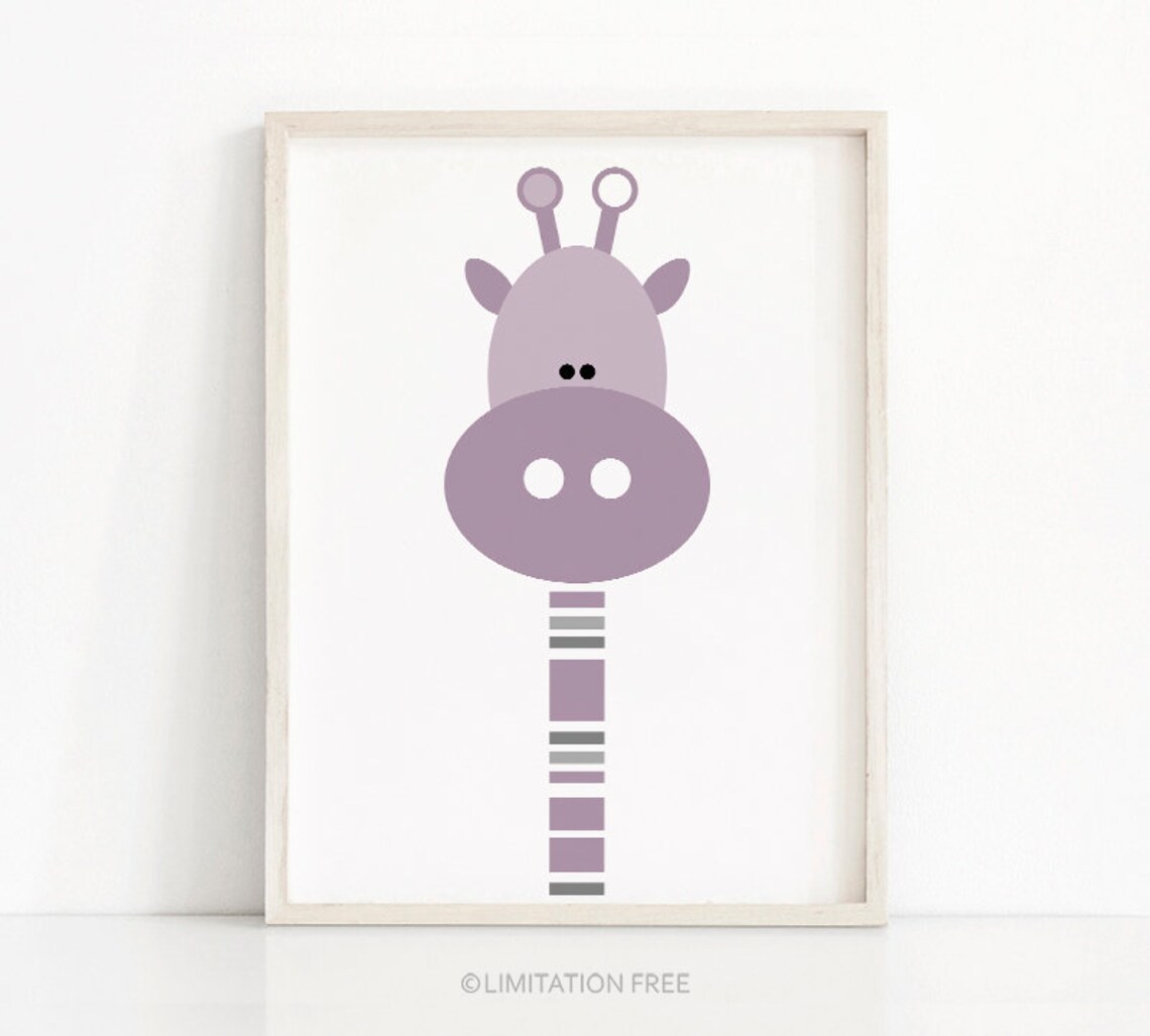 Purple Geometric Giraffe Face Baby Girl Nursery Wall Poster Animal Decor
