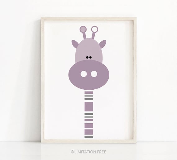 Purple Geometric Giraffe Face Baby Girl Nursery Wall Poster Animal Decor