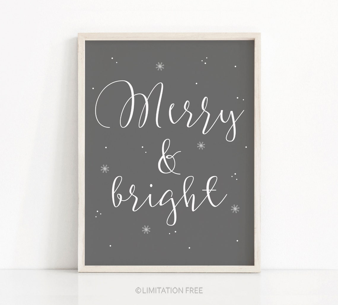 Merry And Bright White Script On Charcoal Gray Snowflake Wall Print - Image 5