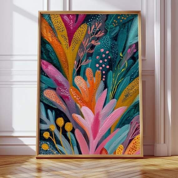 Whimsical Garden Art Print Abstract Botanical Painting Colorful And Textured Wall Decor Bedroom