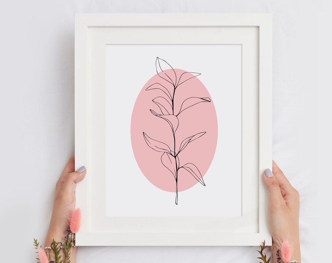 Botanical Line Art Leaf Pink Oval Minimalist Modern Decor Poster - Image 3