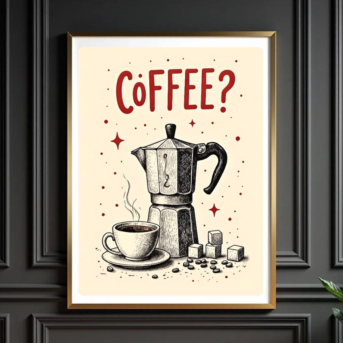 Retro Moka Pot Coffee Illustration Vintage Kitchen Bar Decor Poster