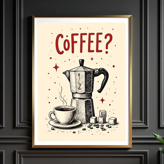 Retro Moka Pot Coffee Illustration Vintage Kitchen Bar Decor Poster