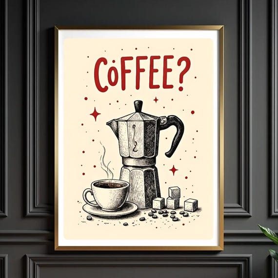 Retro Moka Pot Coffee Print Vintage Kitchen Bar Decor
