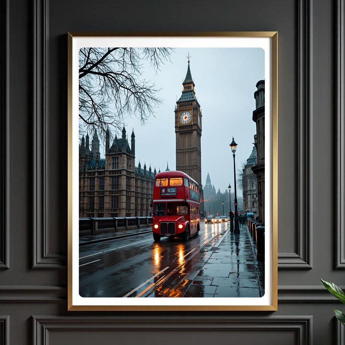 London Rainy Day Red Double Decker Bus Big Ben Street Scene Poster