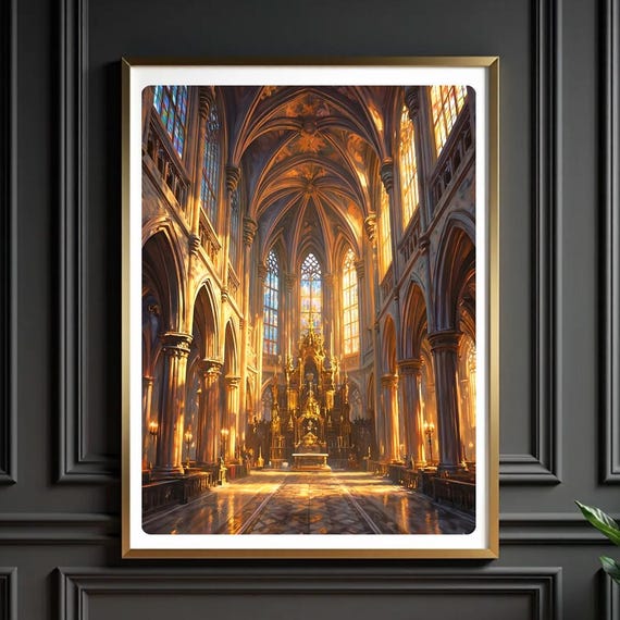 Gothic Cathedral Interior Art Print Stained Glass Golden Light