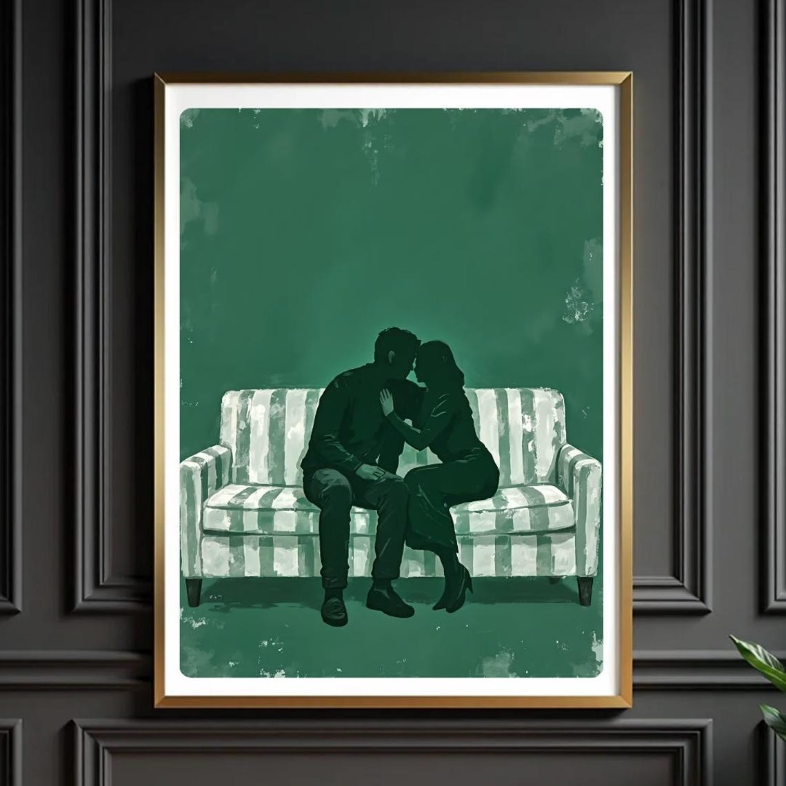 Romantic Couple Silhouette Wall Art Green Minimalist Love Painting Intimate Couch Scene Print