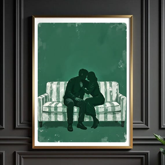 Romantic Couple Silhouette Wall Art Green Minimalist Love Painting Intimate Couch Scene Print