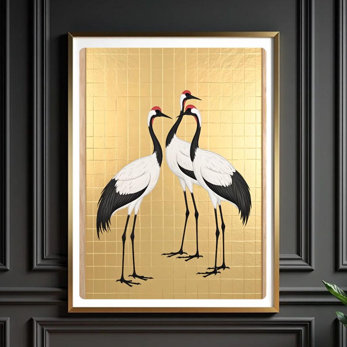 Red Crowned Cranes Gold Background Japanese Style Art Poster