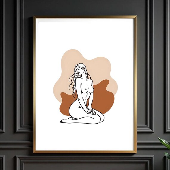 Boho Nude Woman Line Drawing Seated Figure Abstract Neutral Tone Poster