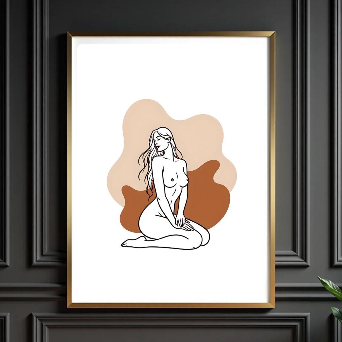 Boho Nude Woman Line Drawing Seated Figure Abstract Neutral Tone Poster