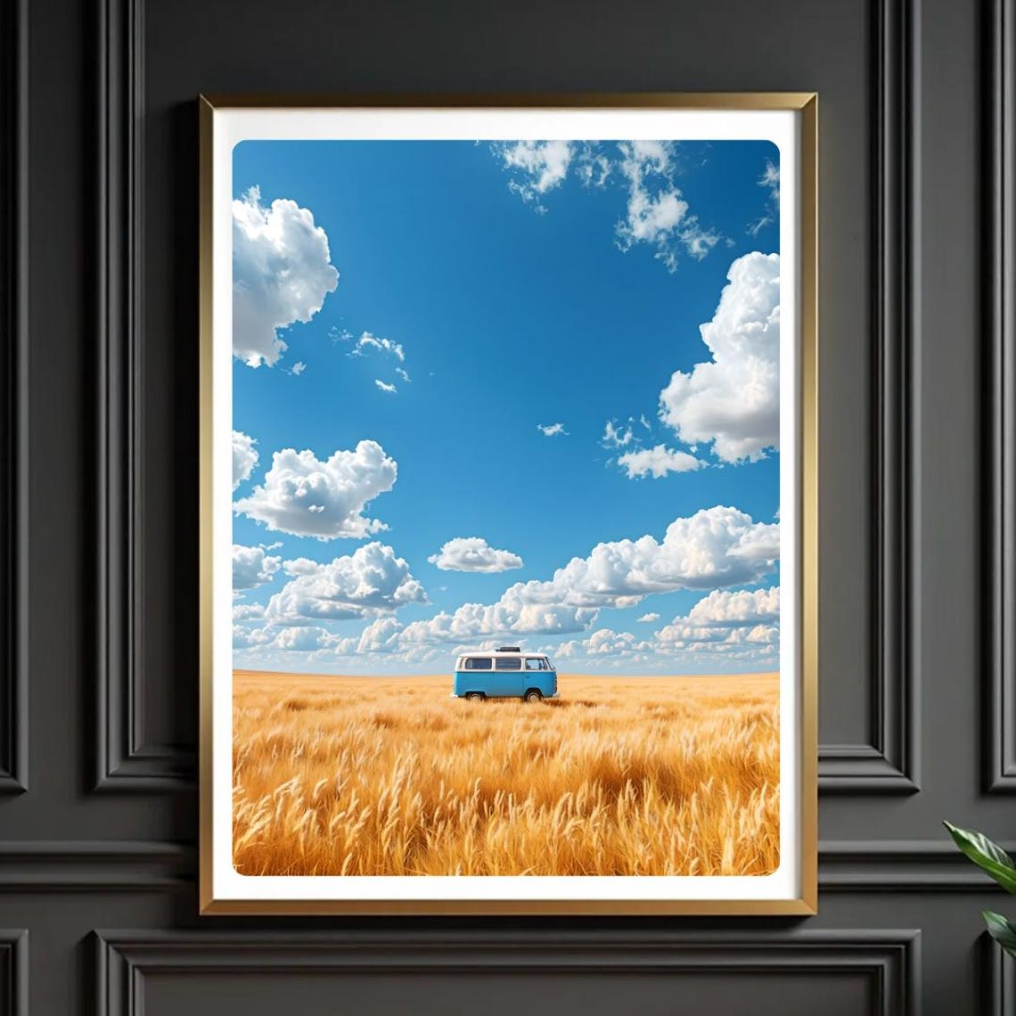 Retro Blue Camper Van Golden Wheat Field Summer Road Trip Poster