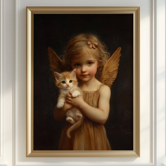 Victorian Angel Girl With Golden Wings Holding an Adorable Orange Kitten Poster