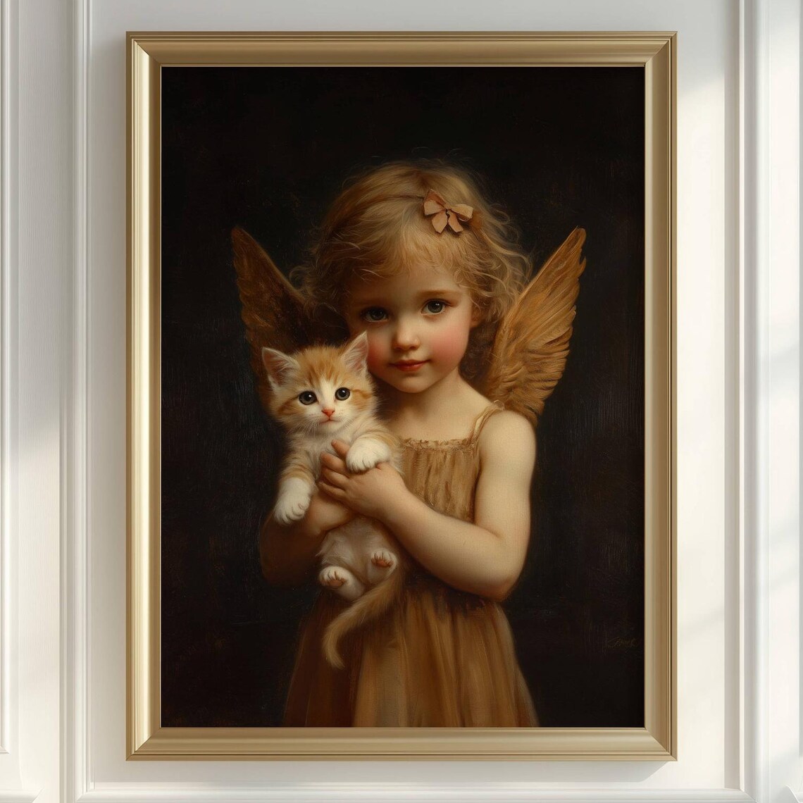Victorian Angel Girl With Golden Wings Holding an Adorable Orange Kitten Poster