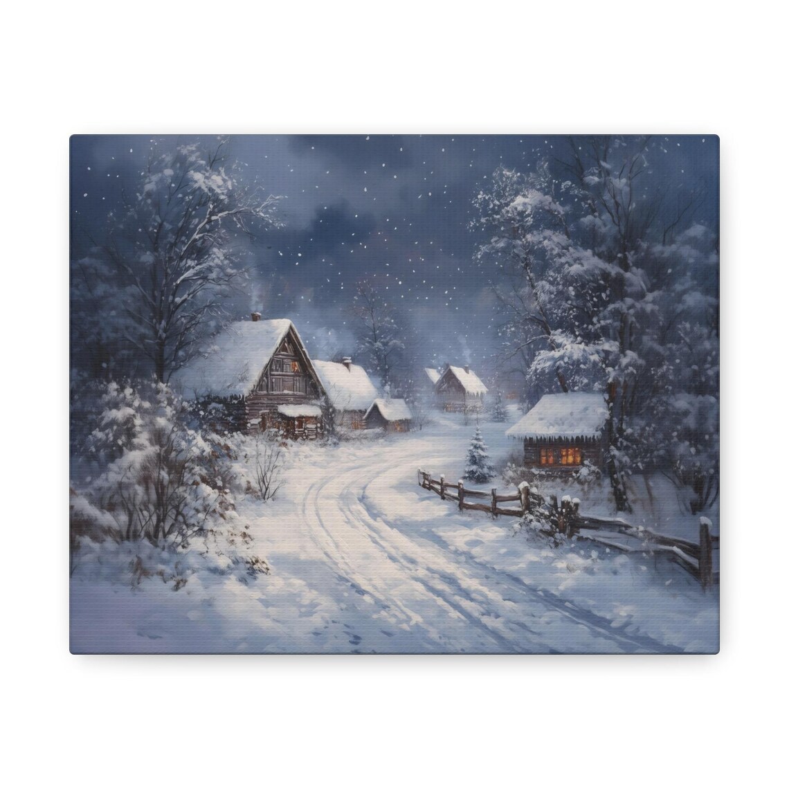 Snowy Country Road Through Glowing Village Cabins Winter Landscape Wall Art - Image 3