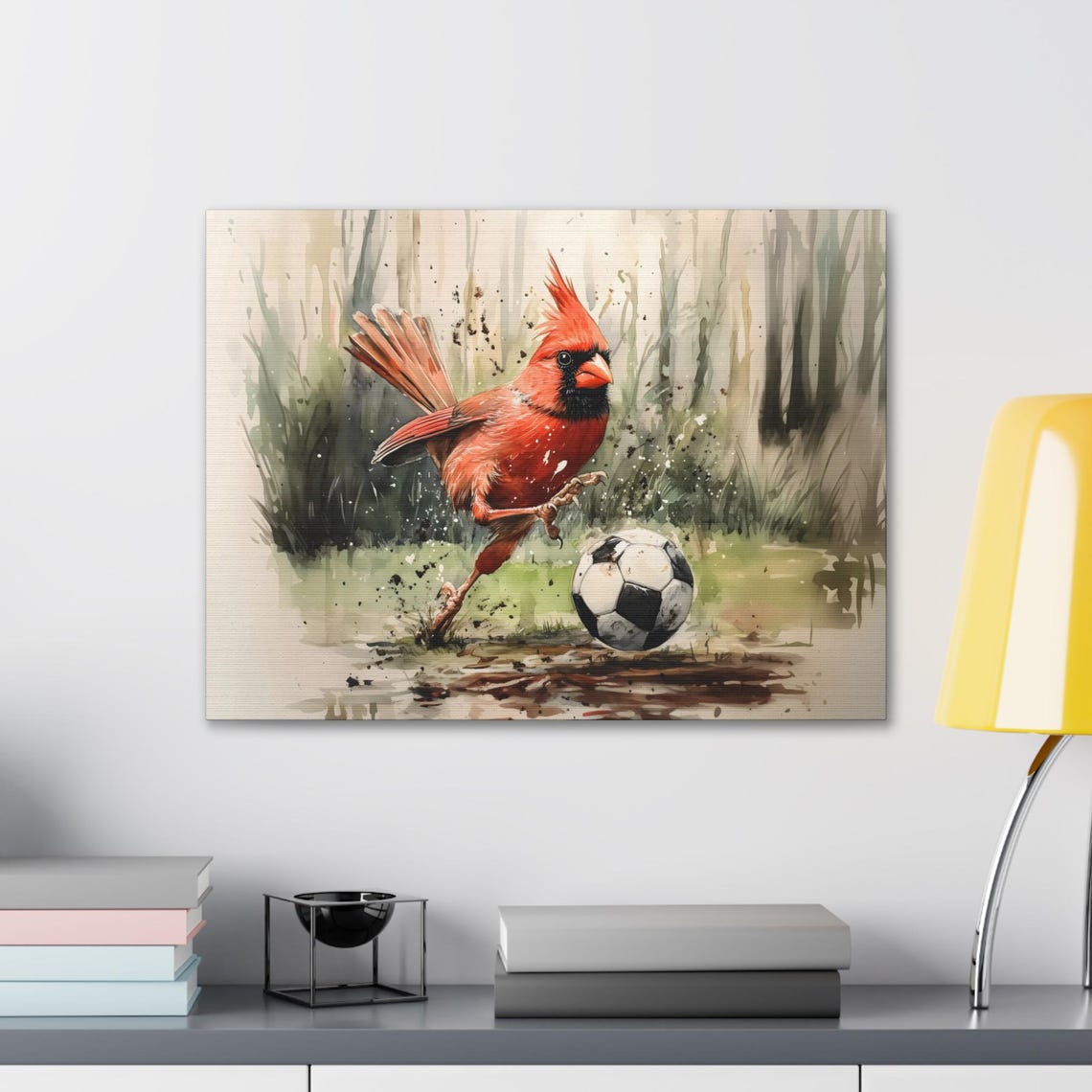 Red Cardinal Playing Soccer Vibrant Watercolor Garden Bird Poster - Image 2